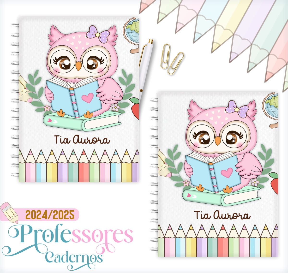 Kit Encadernação Tema Professora 2025 Agenda e Planner 2 Arte digital de capa de caderno com coruja rosa lendo e detalhes escolares.