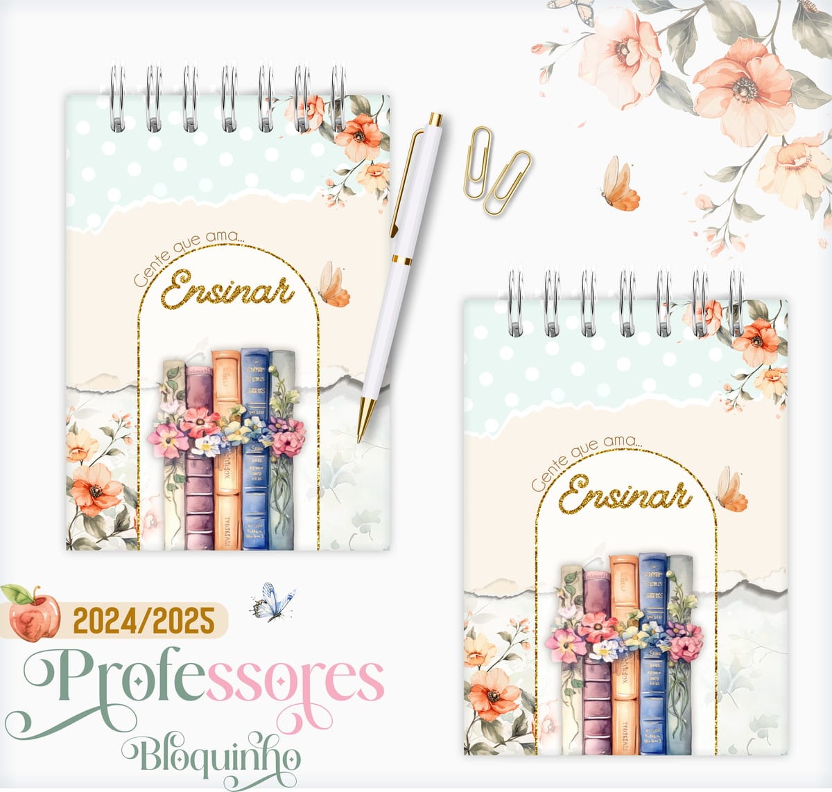 Kit Encadernação Tema Professora 2025 Agenda e Planner 3 Arte digital de capas de cadernos para professores, com livros, flores e borboletas.