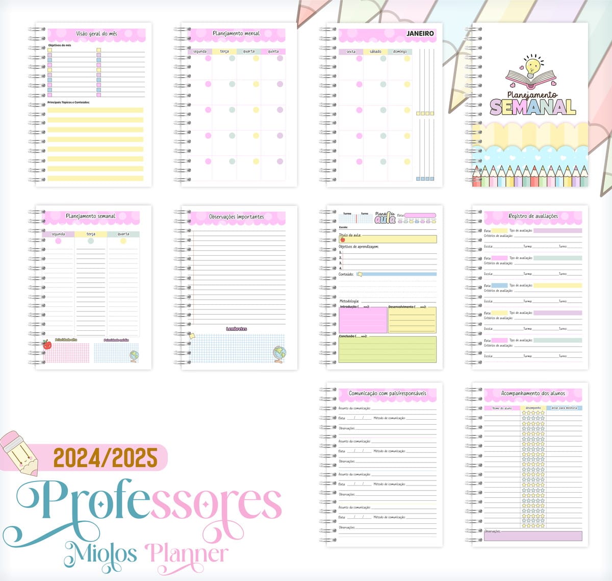Kit Encadernação Tema Professora 2025 Agenda e Planner 4 Páginas de planner digital com layouts coloridos para organização de professores.
