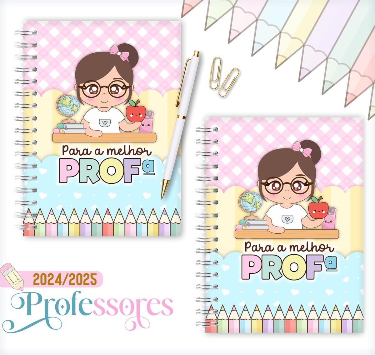 Kit Encadernação Tema Professora 2025 Agenda e Planner 1 Duas artes digitais de capa de caderno com ilustração de professora e elementos escolares.