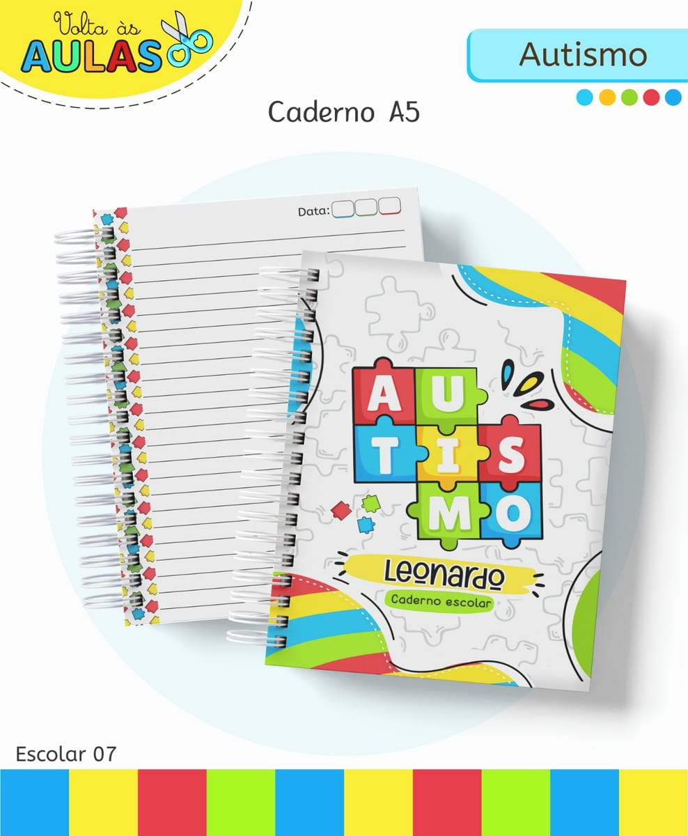 Kit Escolar Autismo Arquivo Digital para Personalizar 2 Dois cadernos espiralados com capa temática colorida e folhas pautadas internas visíveis.