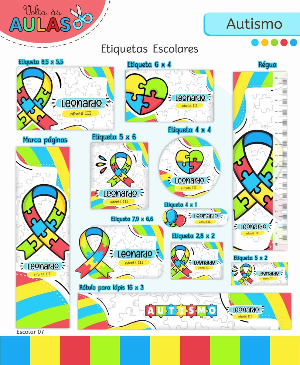 Kit Escolar Autismo Arquivo Digital para Personalizar 3 Apresentação visual com vários modelos de etiquetas escolares coloridas com temas de quebra-cabeça.