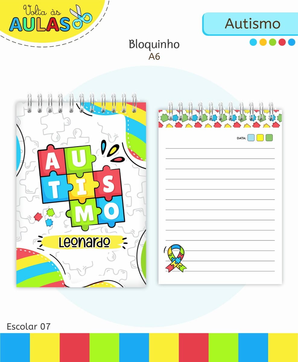 Kit Escolar Autismo Arquivo Digital para Personalizar 4 Capa e página interna de um bloquinho espiralado com temática colorida e peças de quebra-cabeça.