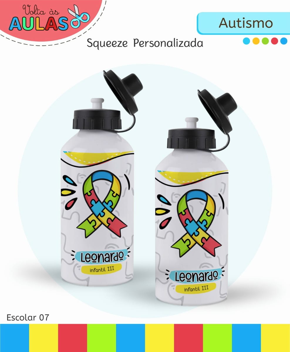 Kit Escolar Autismo Arquivo Digital para Personalizar 5 Duas garrafas brancas personalizadas com fita colorida de conscientização