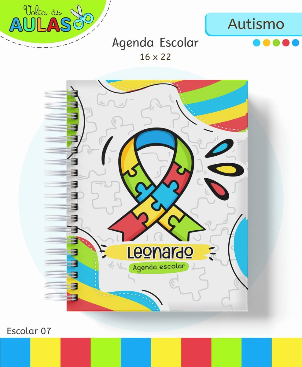 Kit Escolar Autismo Arquivo Digital para Personalizar 1 Capa de agenda escolar espiralada com tema colorido de quebra-cabeça e texto.