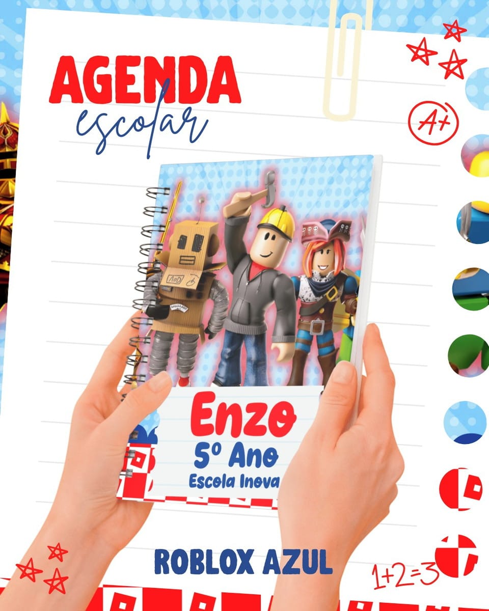 Kit Escolar Digital Roblox Azul com Capa e Etiquetas 2 Arte digital de agenda escolar com personagens de jogo e texto "AGENDA escolar".