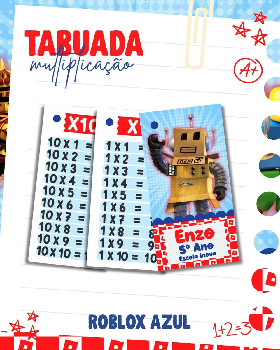 Kit Escolar Digital Roblox Azul com Capa e Etiquetas 3 Arte digital de tabuadas de multiplicação com robô e elementos escolares.