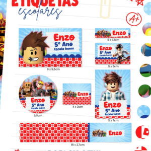 Etiquetas escolares digitais com avatares de jogo de blocos, personalizáveis para nome, série e escola.