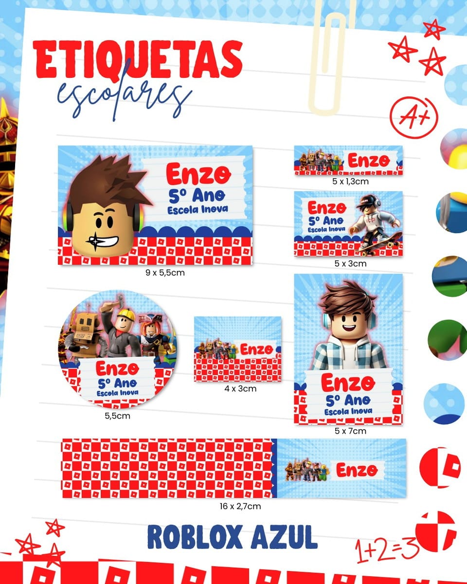 Kit Escolar Digital Roblox Azul com Capa e Etiquetas 1 Etiquetas escolares digitais com avatares de jogo de blocos, personalizáveis para nome, série e escola.