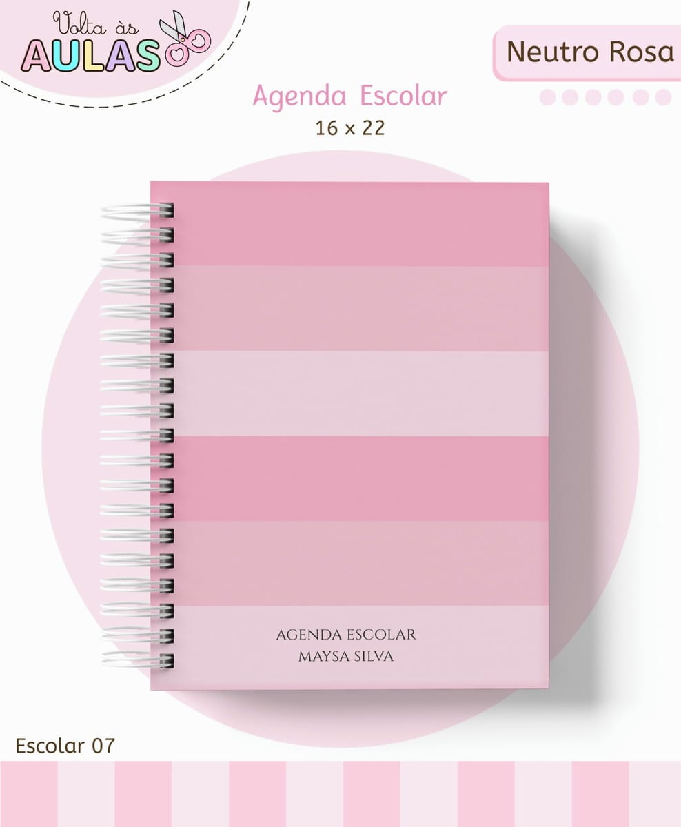 Kit Escolar Digital Rosa para Papelaria Personalizada 2 Arte digital de agenda escolar com capa de listras horizontais em tons de rosa e espiral branca.