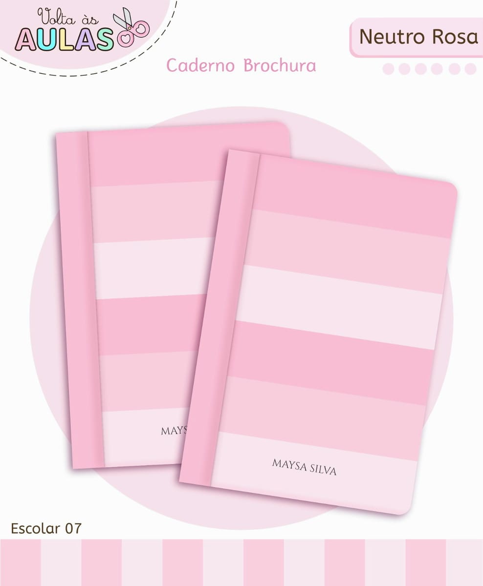 Kit Escolar Digital Rosa para Papelaria Personalizada 4 Duas capas de cadernos brochura digitais em tons de rosa com listras.