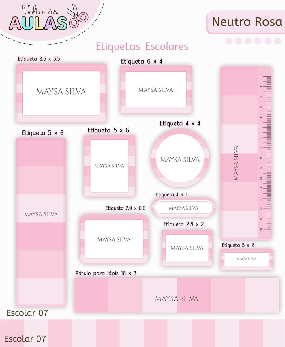 Kit Escolar Digital Rosa para Papelaria Personalizada 5 Arte digital de etiquetas escolares em tons de rosa com listras brancas.