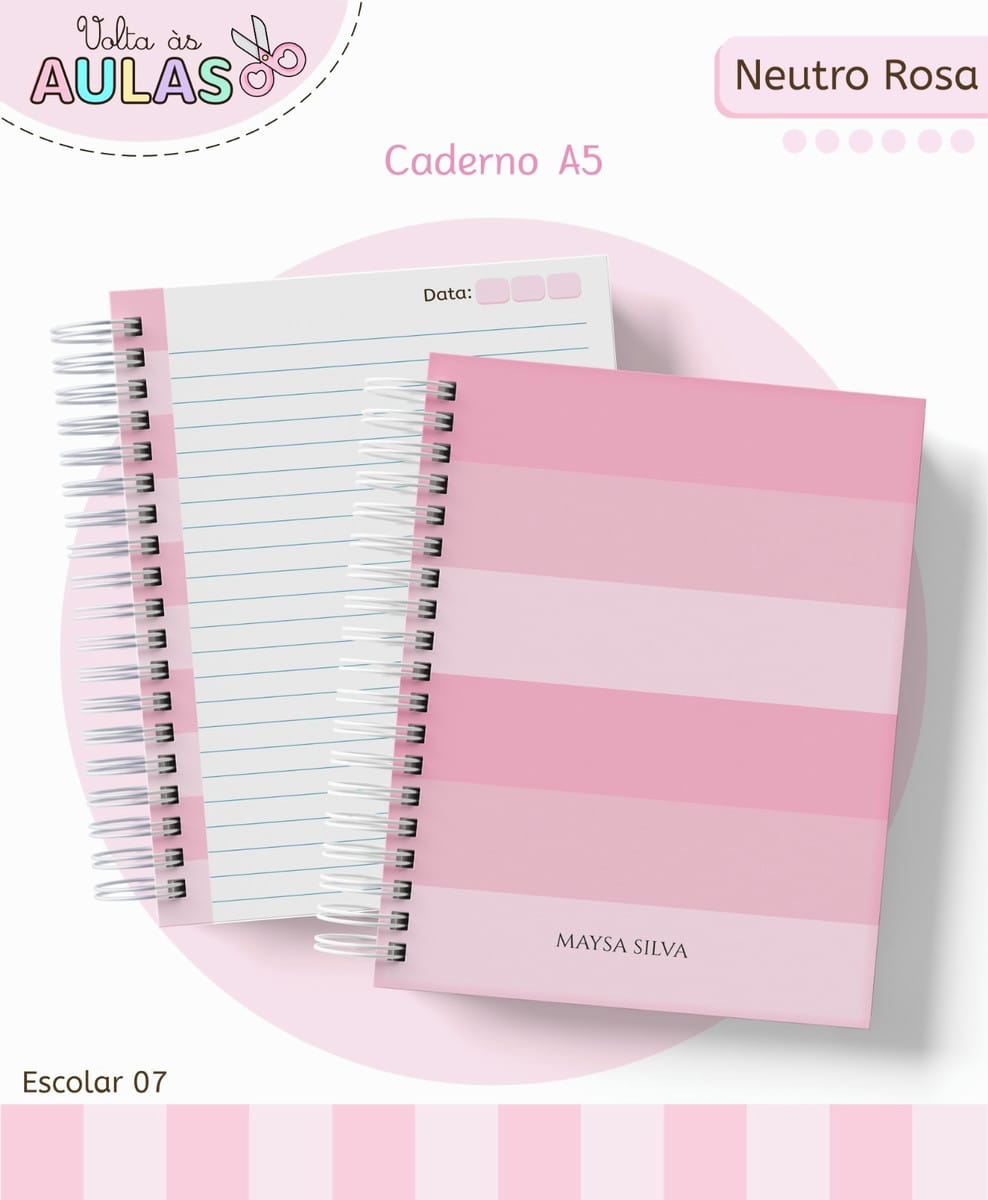 Kit Escolar Digital Rosa para Papelaria Personalizada 1 Arte digital de caderno A5 rosa com capa listrada e página pautada.