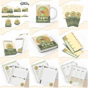 Variados itens de papelaria escolar com ilustração de dinossauro verde sorridente.