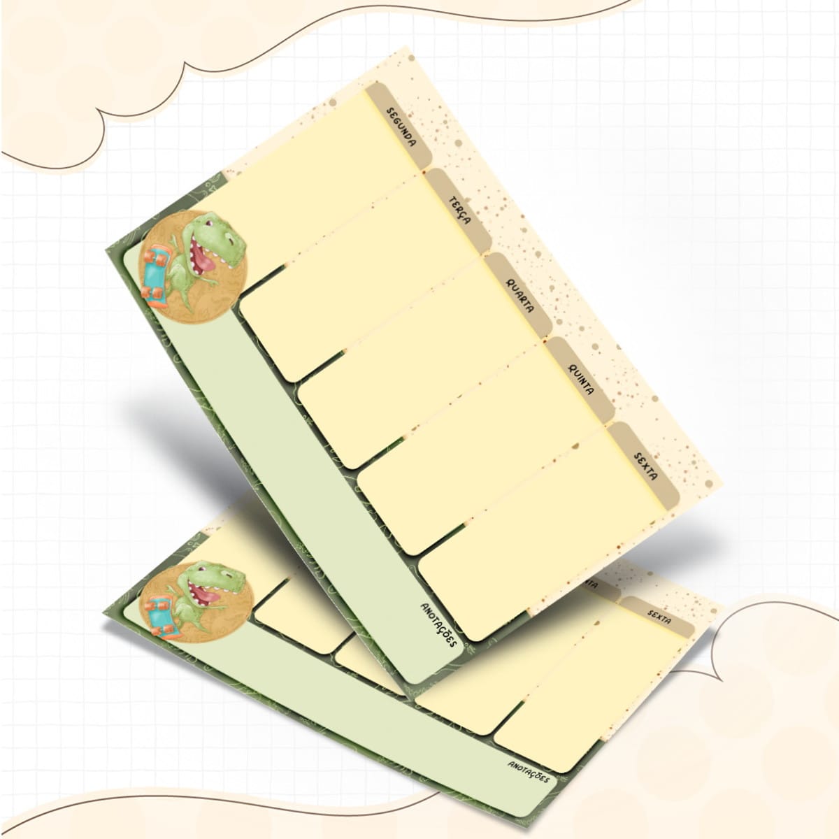 Kit Escolar Dinossauro Digital para Personalizar 4 Duas folhas de planejador semanal digital com dinossauro sorridente e seções diárias.