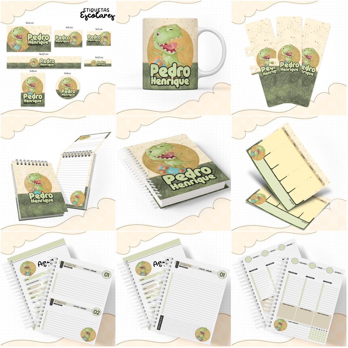 Kit Escolar Dinossauro Digital para Personalizar 1 Variados itens de papelaria escolar com ilustração de dinossauro verde sorridente.