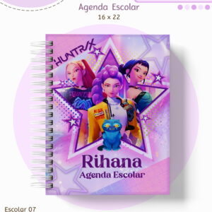 Arte digital de agenda escolar com capa roxa, três personagens femininas e gato azul.