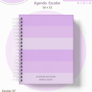 Agenda escolar digital com capa lilás listrada e encadernação em espiral branca.