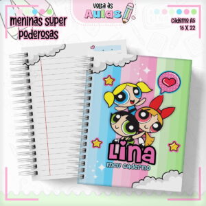 Arte digital de caderno espiral com capa colorida e personagens de desenho animado.