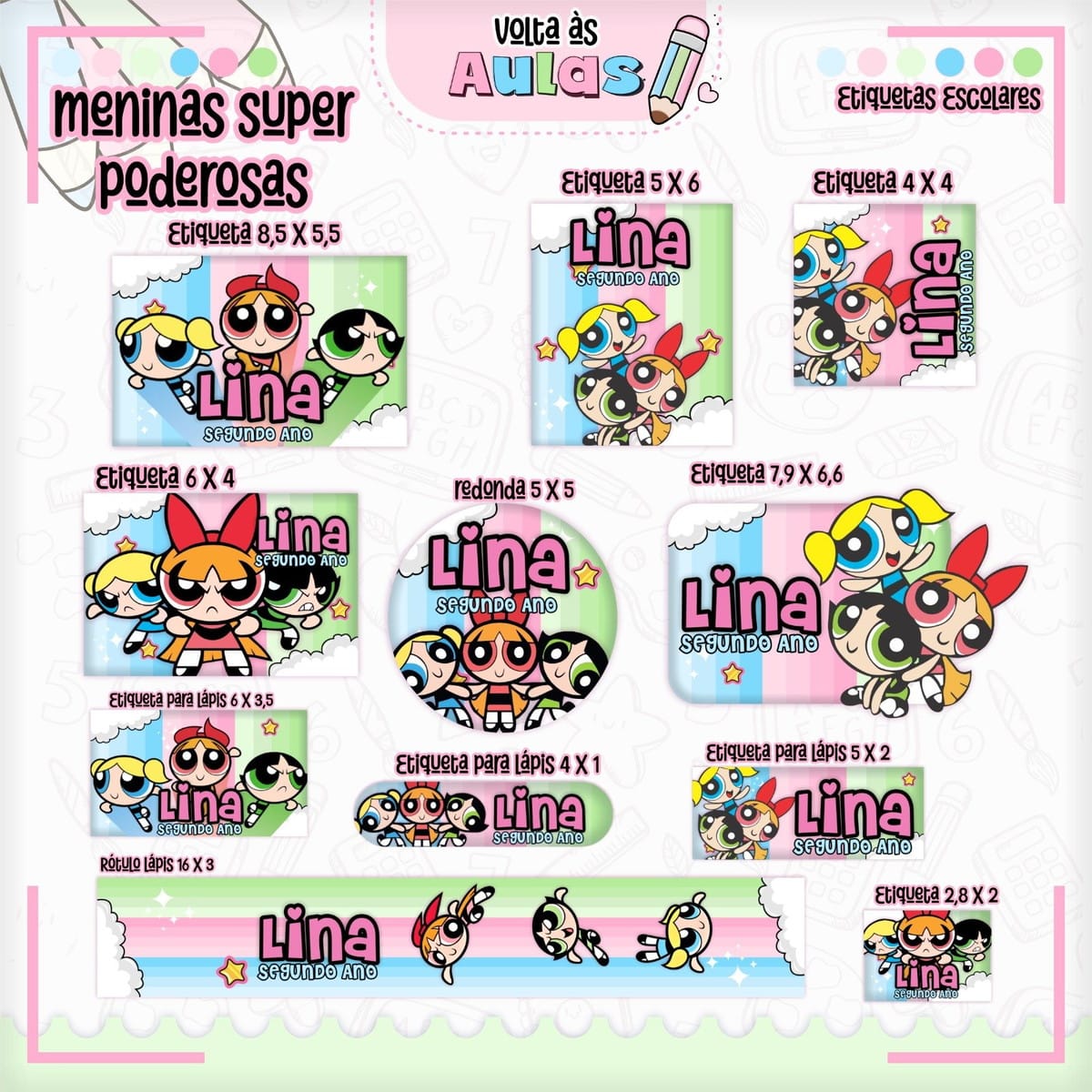 Kit Escolar Meninas Poderosas para Imprimir e Encadernar 4 Arte digital de etiquetas escolares "Meninas Super Poderosas" com fundo listrado pastel.