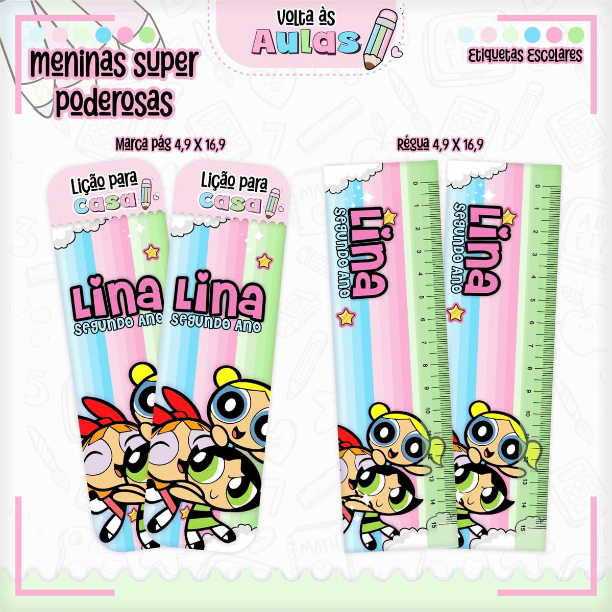 Kit Escolar Meninas Poderosas para Imprimir e Encadernar 5 Arte digital de materiais escolares, incluindo marcadores de página e réguas coloridas.