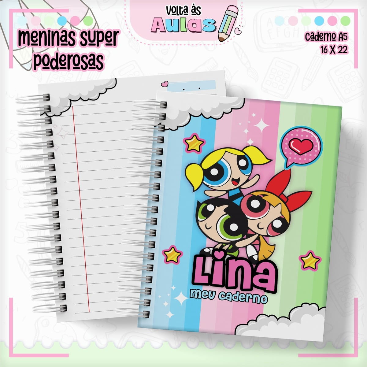 Kit Escolar Meninas Poderosas para Imprimir e Encadernar 1 Arte digital de caderno espiral com capa colorida e personagens de desenho animado.