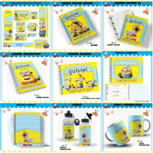 Designs digitais de produtos escolares e acessórios com personagens amarelos e um nome pessoal.