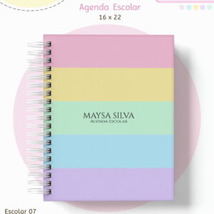 Arte digital de agenda escolar com capa listrada em tons pastel e espiral.