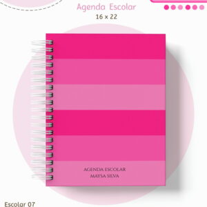 Arte digital de agenda escolar com capa de listras em tons de rosa e espiral branca.