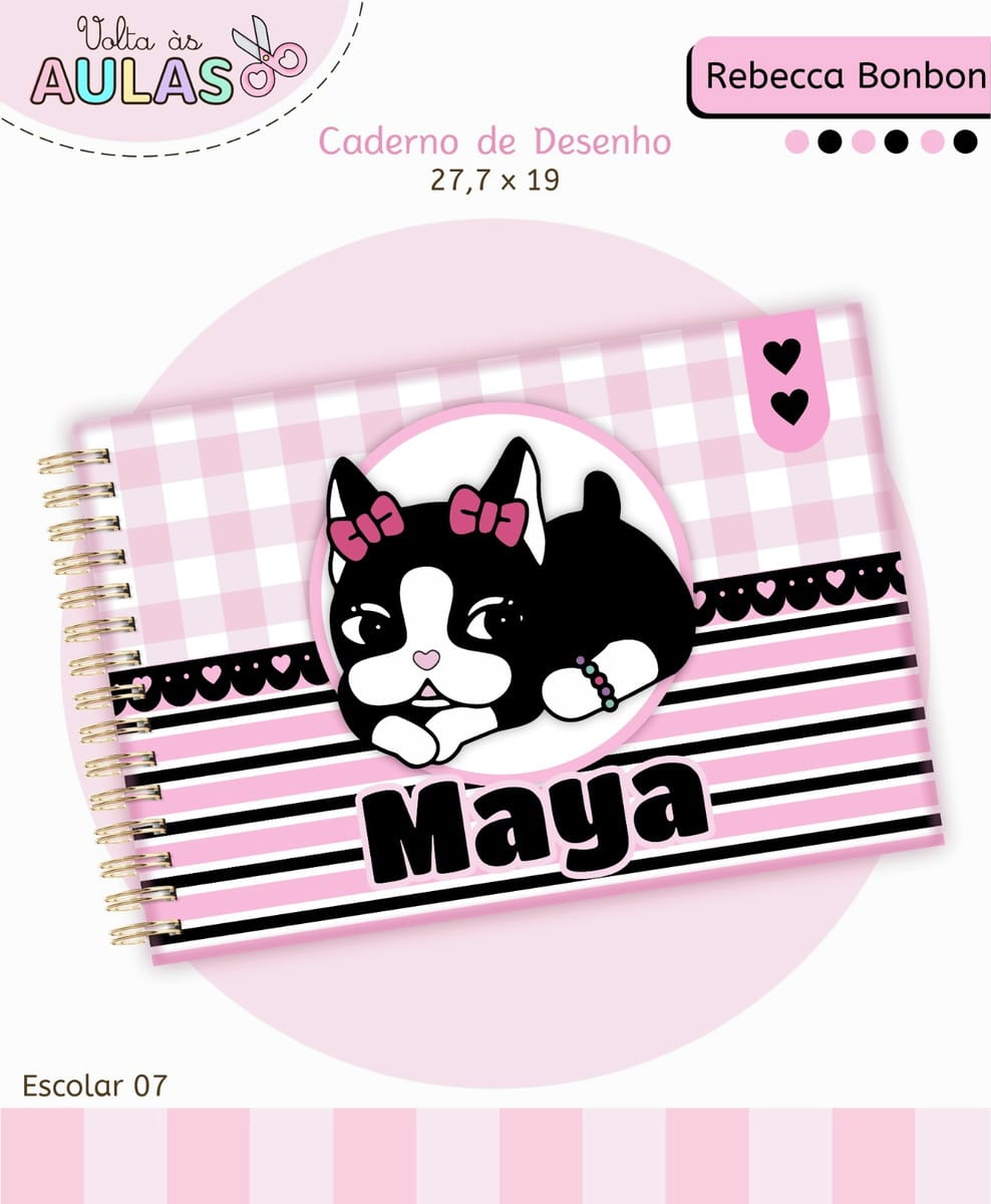 Kit Escolar Rebecca Bonbon para Papelaria Personalizada 3 Arte digital de caderno de desenho com estampa xadrez e listrada, e cachorro cartoon.