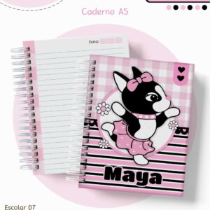 Arte digital de cadernos espirais com capa de cachorrinha e detalhes rosa.