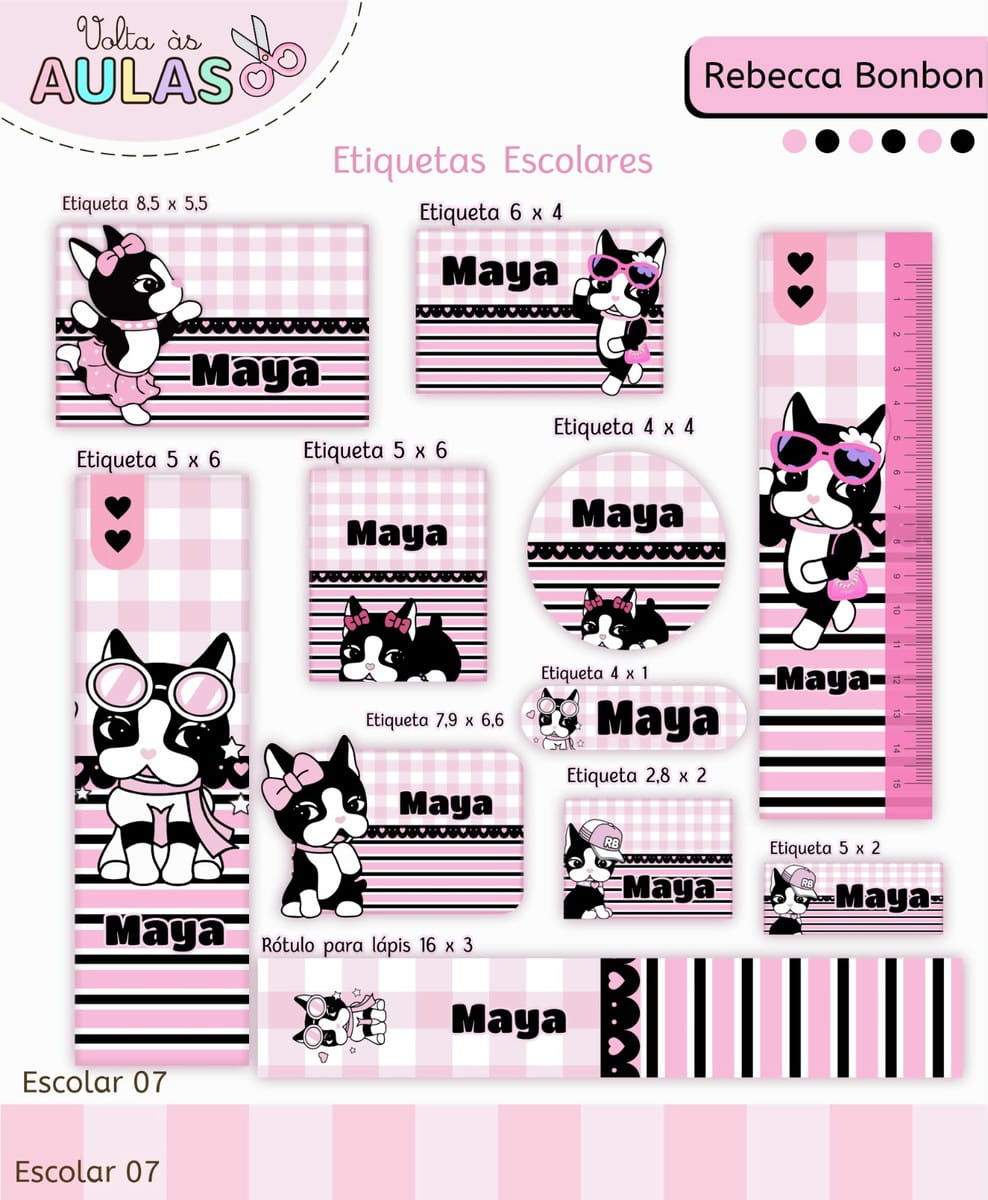 Kit Escolar Rebecca Bonbon para Papelaria Personalizada 4 Conjunto de etiquetas escolares digitais com cachorrinha cartoon, padrões rosa e nome.