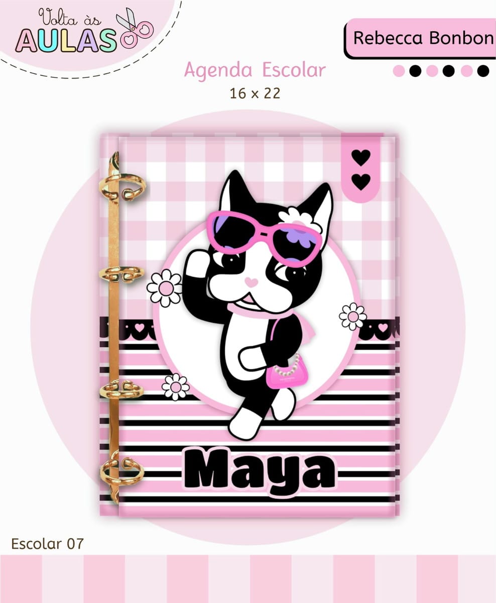 Kit Escolar Rebecca Bonbon para Papelaria Personalizada 5 Arte digital de capa de agenda escolar com gato de óculos rosa e listras.