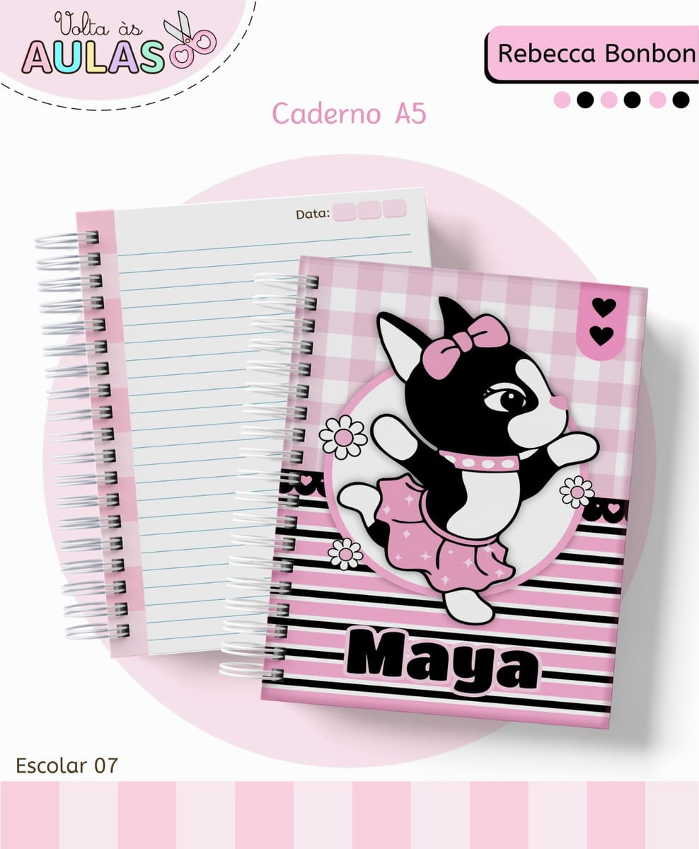 Kit Escolar Rebecca Bonbon para Papelaria Personalizada 1 Arte digital de cadernos espirais com capa de cachorrinha e detalhes rosa.