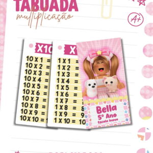 Arte digital rosa de tabuada de multiplicação com personagem e animais.