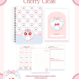 Arte digital de caderno e planner com estampa de cerejas, calendário 2026 e horários.