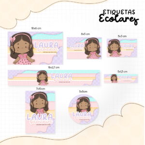 Apresentação de vários modelos de etiquetas escolares com ilustrações fofas de menina.