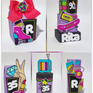 Arte digital de caixas decoradas com tema anos 90 e elementos retrô vibrantes.