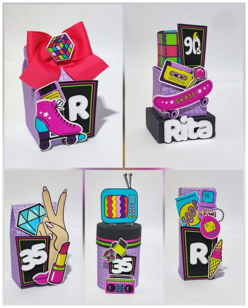Kit Festa Anos 90 com Arquivos Studio e PDF 1 Arte digital de caixas decoradas com tema anos 90 e elementos retrô vibrantes.