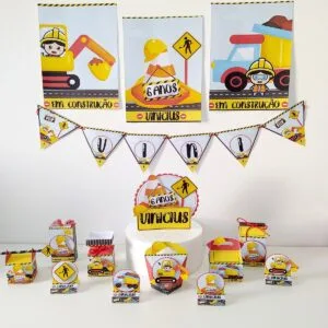 Kit Festa Construção - Arquivo Digital 20 Decoração de festa infantil com tema de construção, contendo cartazes, bandeirolas e caixinhas personalizadas.