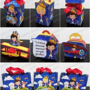 Várias caixas personalizadas com tema de realeza e avião em tons de azul
