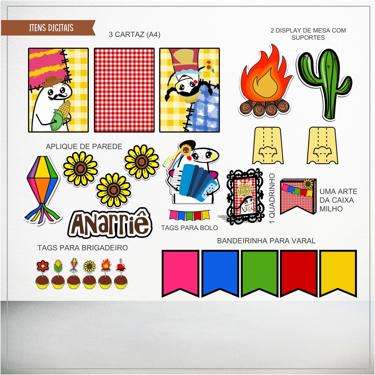 Kit Festa Junina Flork com Studio e PDF para Corte 2 Arte digital de festa junina com cartazes, displays, apliques, tags e bandeirinhas coloridas.