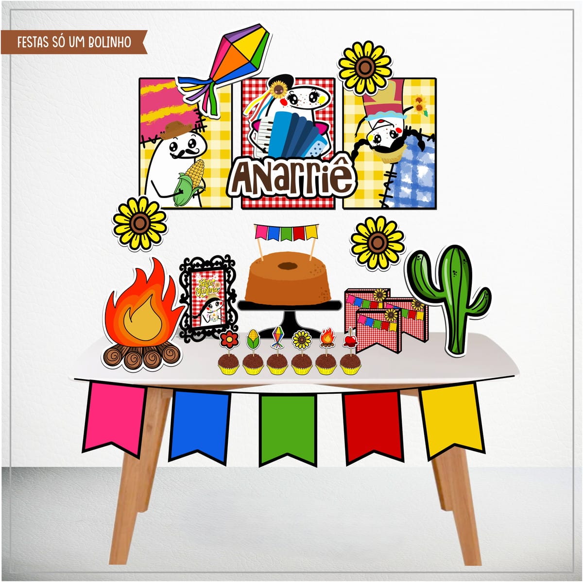 Kit Festa Junina Flork com Studio e PDF para Corte 1 Arte digital de decoração para festa junina com personagens, bolo, fogueira e bandeirinhas coloridas.