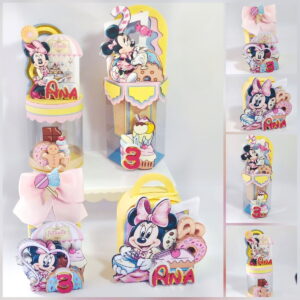 Decoração de mesa personalizada com tema de confeitaria infantil e personagem de desenho animado.