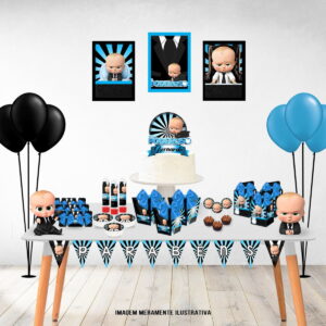 Decoração de festa com tema de bebê em terno, balões e itens variados.