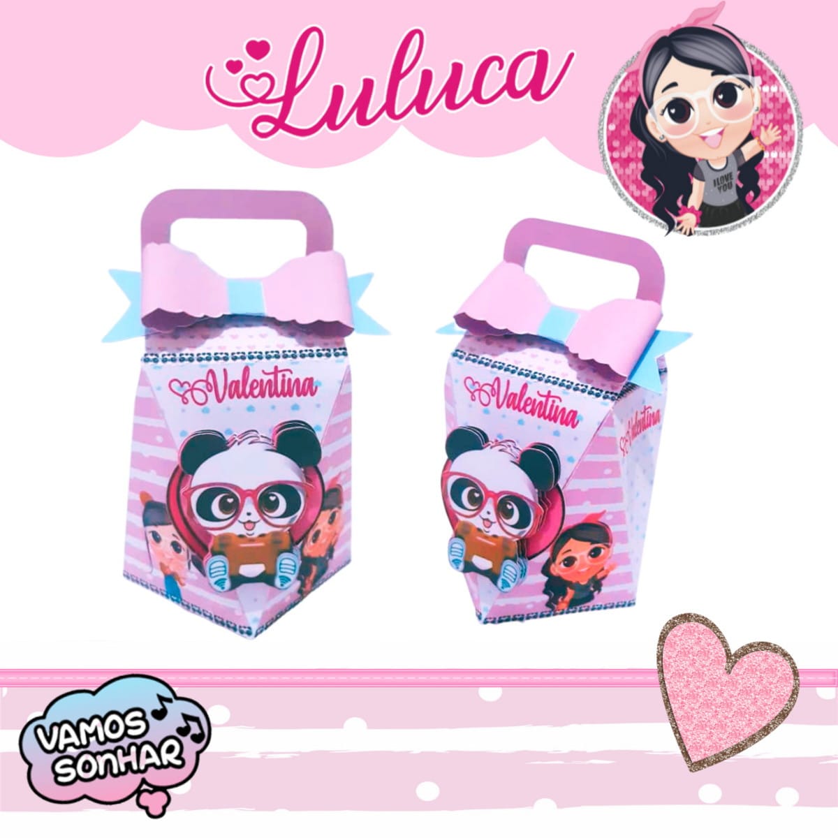 Kit Festa Luluca Games arquivo digital em PDF e Studio 2 Duas caixas decorativas cor-de-rosa e brancas com personagens ilustrados.