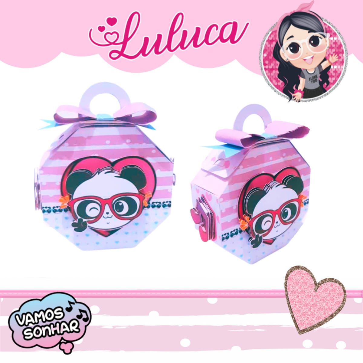 Kit Festa Luluca Games arquivo digital em PDF e Studio 3 Duas caixas digitais octogonais com tema panda, ilustrações e fundo rosa estampado.