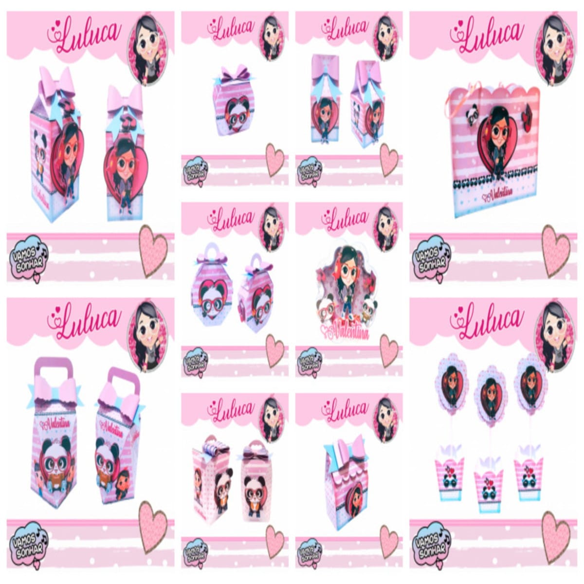 Kit Festa Luluca Games arquivo digital em PDF e Studio 4 Variados designs digitais para festa infantil, incluindo caixas, rótulos e toppers decorativos.