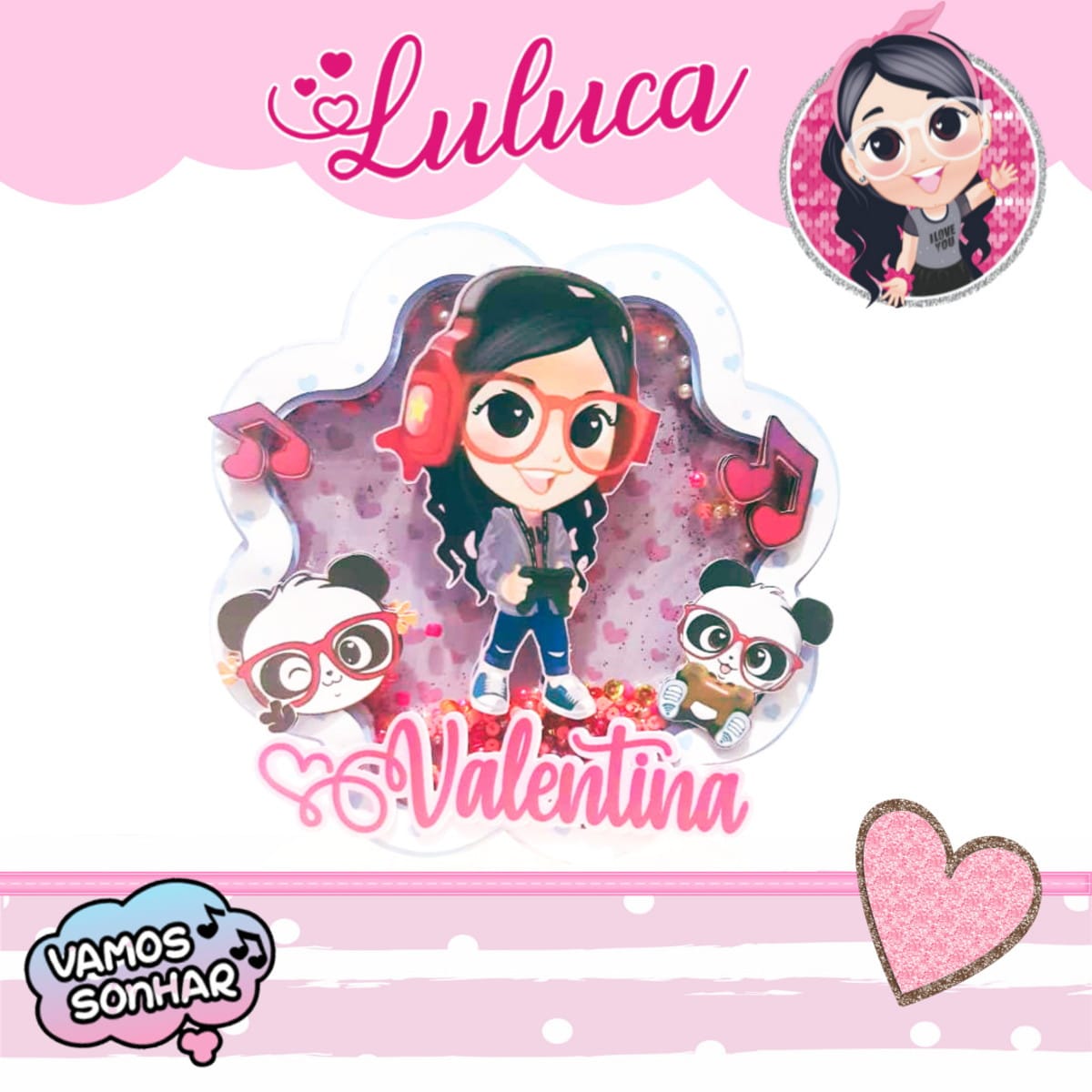 Kit Festa Luluca Games arquivo digital em PDF e Studio 1 Arte digital com personagem feminina de óculos, fones, pandas e elementos musicais em rosa.