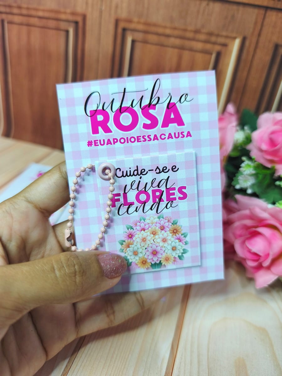 Kit Mimos Outubro Rosa 2025 para Lembrancinhas 5 Design digital Outubro Rosa com tag de flores e mensagem de cuidado.